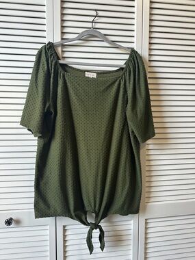 Olive Green Tie-Front Swiss Dot Peasant Blouse